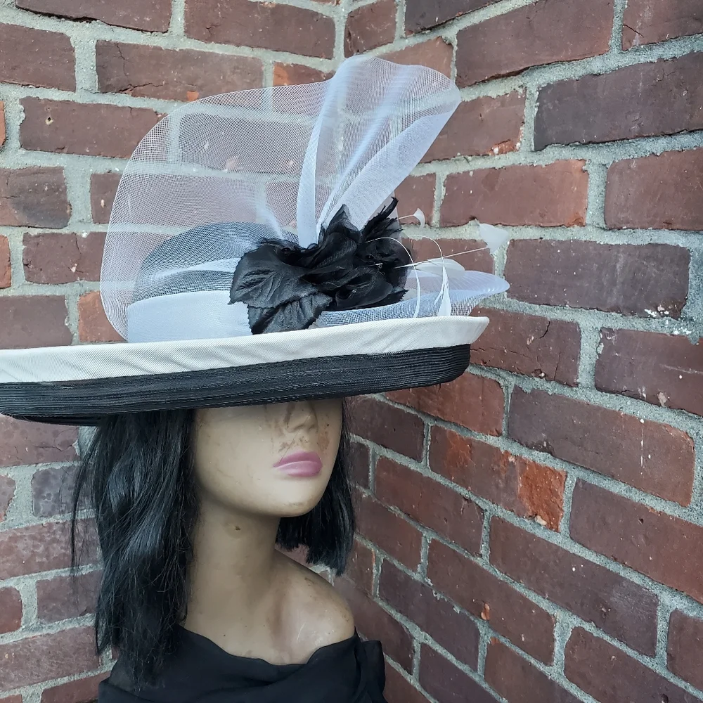 Whittail and Shon Black and White Wide Brim Fascinator Hat Feather Haute Couture